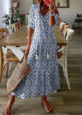 Long Summer Dress with Floral Print and Drawstring Waist | Perfect for Warm Days - Blue