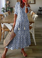 Long Summer Dress with Floral Print and Drawstring Waist | Perfect for Warm Days - Blue