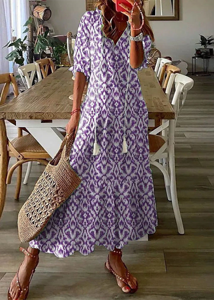 Long Summer Dress with Floral Print and Drawstring Waist | Perfect for Warm Days - Purple