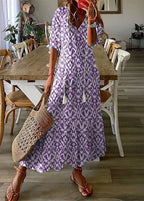 Long Summer Dress with Floral Print and Drawstring Waist | Perfect for Warm Days - Purple