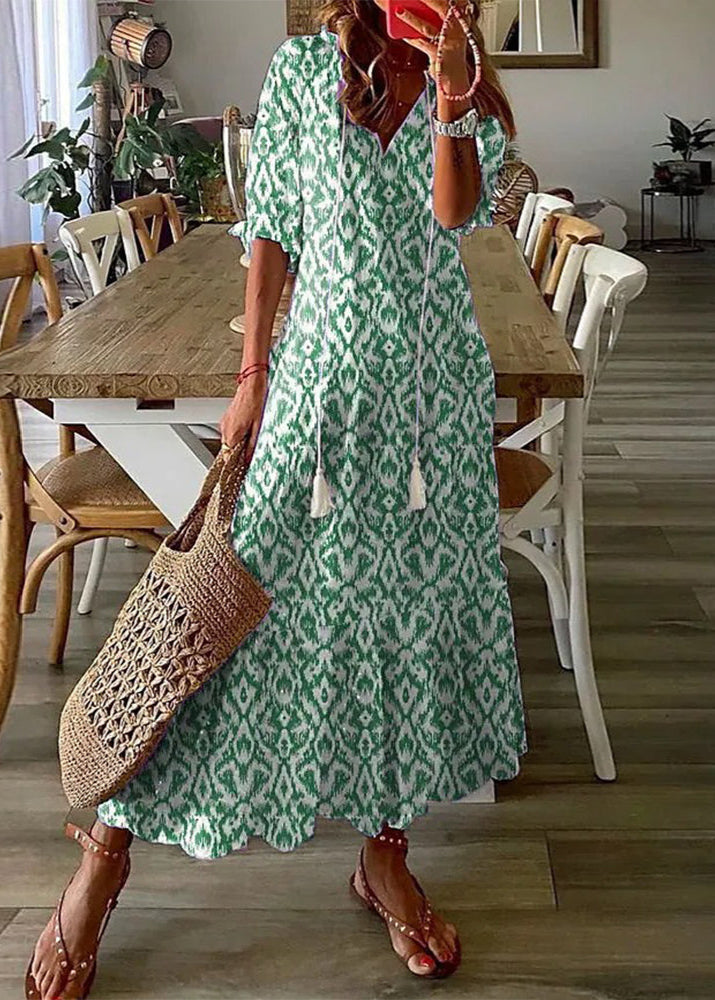 Long Summer Dress with Floral Print and Drawstring Waist | Perfect for Warm Days - Green