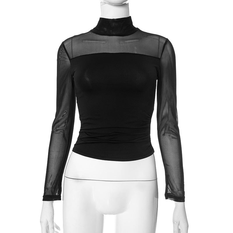 Women’s Fitted Mesh Long-Sleeve Top with High Neck