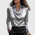 Women's Blouse with Pleated Neckline and Chest Pocket - Silver
