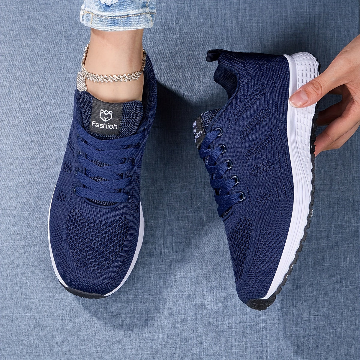 Women's Sport Sneakers with Breathable Knit Upper and Flexible Sole - Navy