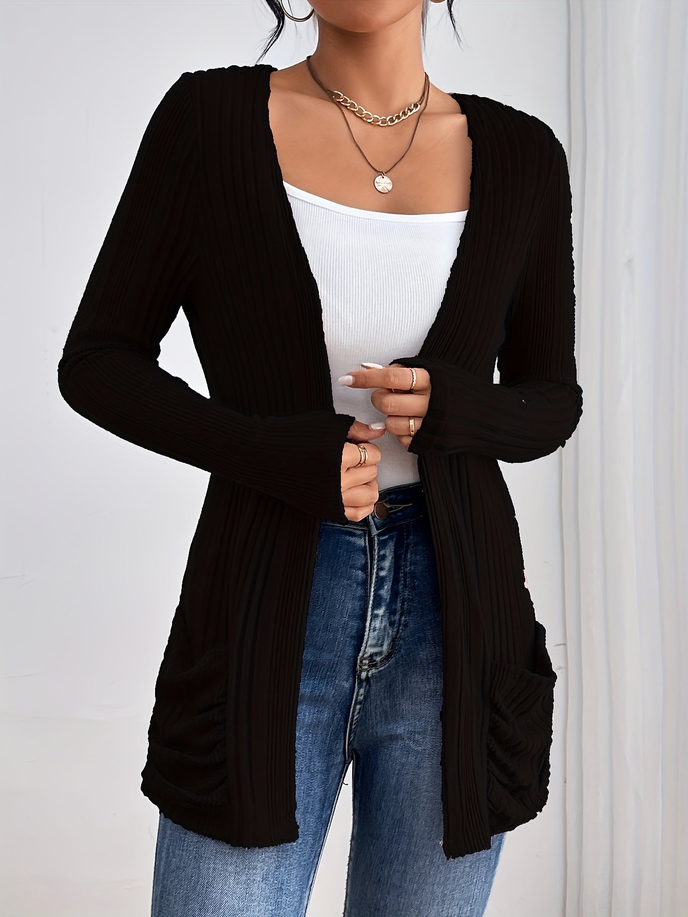 Drop shoulder ribbed cardigan | Soft Knit Open Front Casual Layer