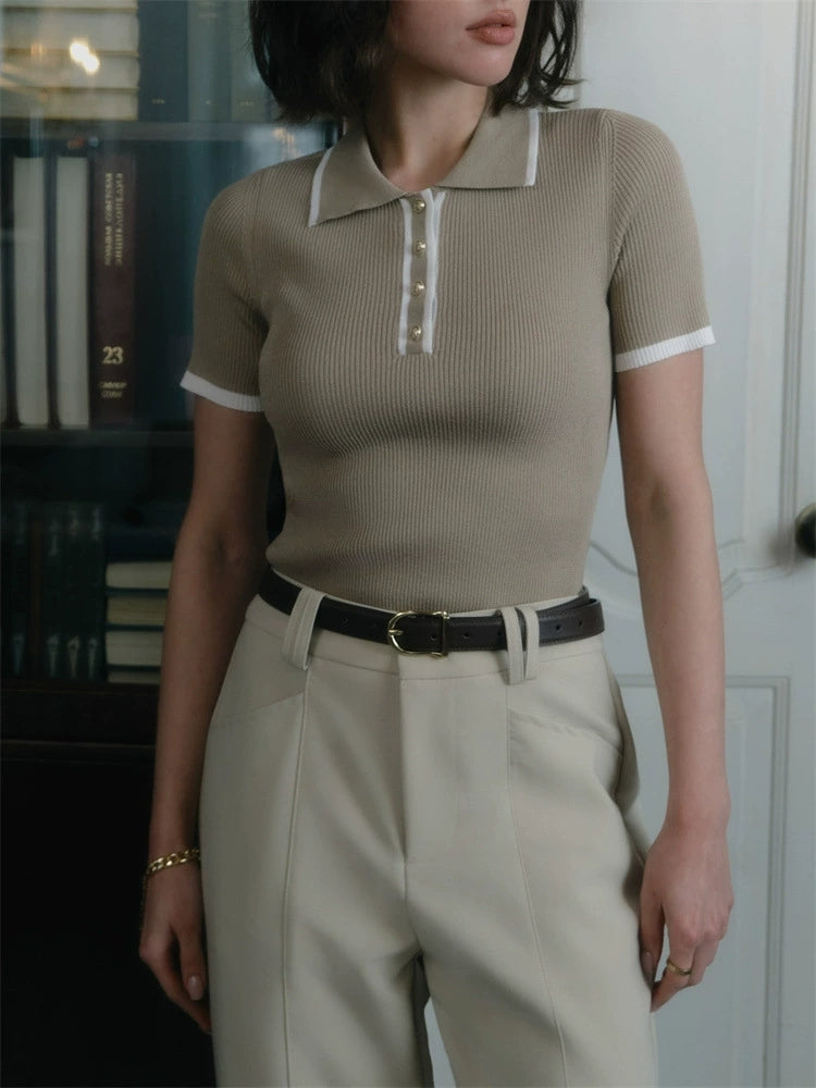 Women’s Elegant Knit Polo Top with Classic Collar