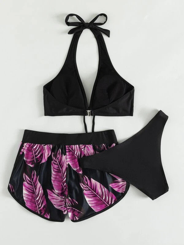 Women's Bikini Set with Matching Shorts and Quick-Dry Fabric for Summer - Pink