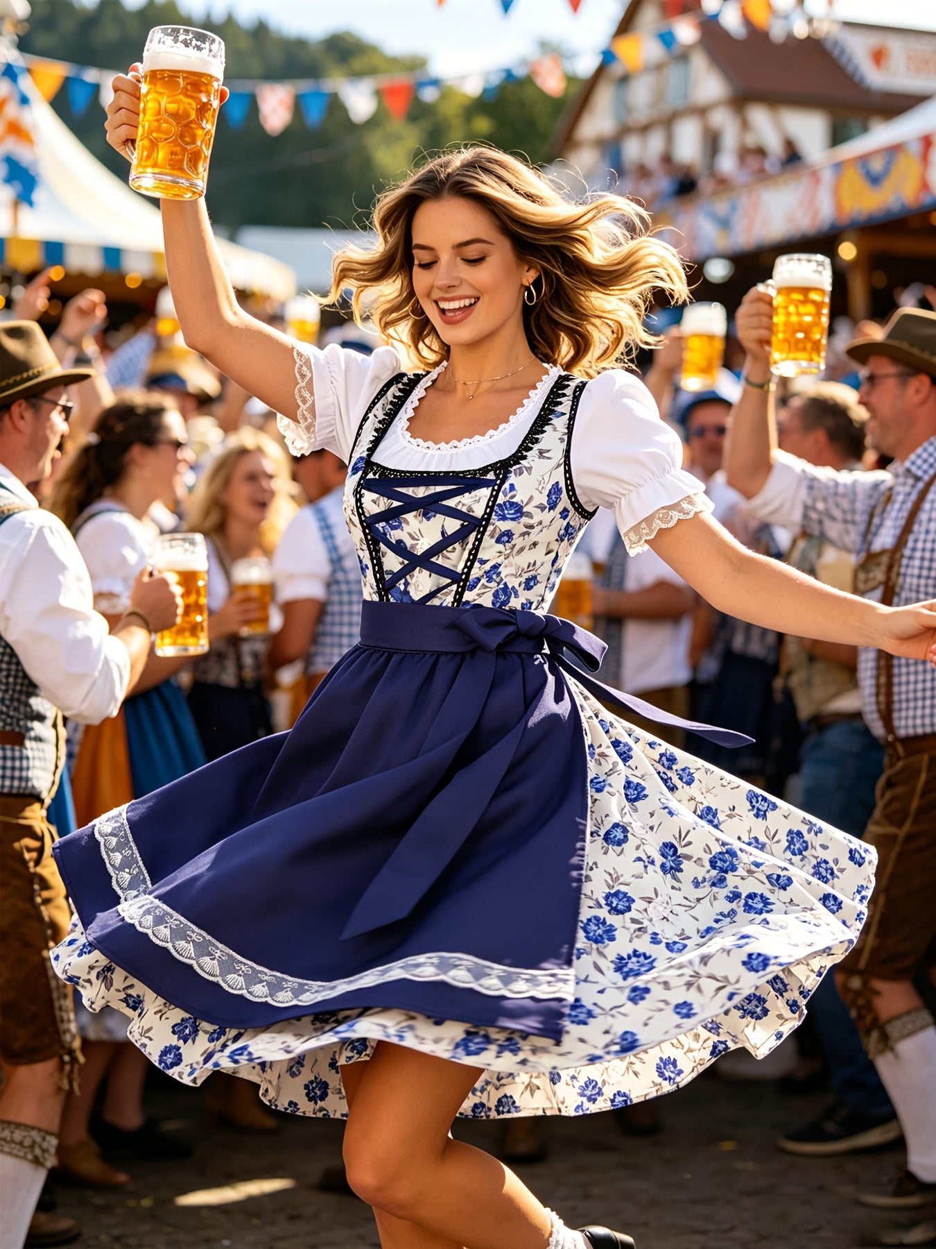 Dirndl Set Damen Oktoberfest Trachtenkleid | Bayerisches Dirndl mit Blumenmuster | Dirndl Set, Wiesn Kleid, festlich