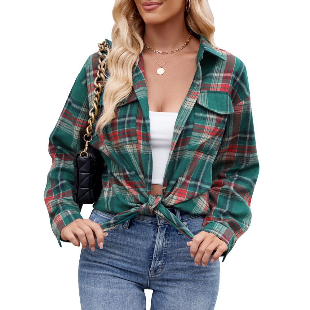 Relaxed-Fit Plaid Shirt with Pockets for Autumn - Dark Green