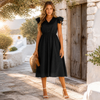 Elegantes Damen Midi-Kleid mit Rüschenärmeln, V-Ausschnitt | Legerer Chic