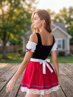 Carmen-Dirndl Kurzer Rock Schwarz Rot Kontrast-Schnürschürze