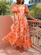 Maxikleid mit Puffärmeln, Blumenmuster und gesmoktem Rücken und Taschen