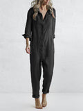 Women's Long-Sleeve Cotton Jumpsuit with Button Placket and Pockets - Perfect for Autumn - Black