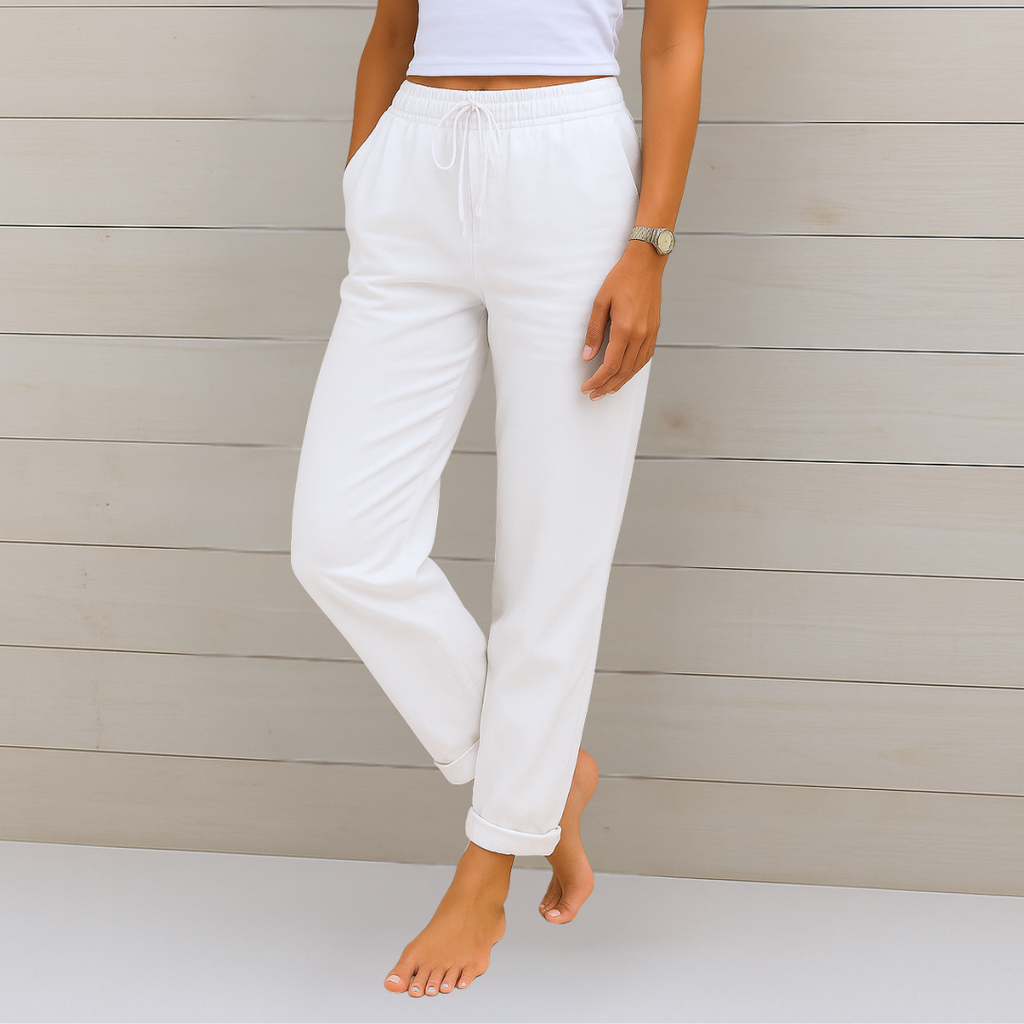 Women's Stretch Pants with Elastic Waistband and Relaxed Fit - White