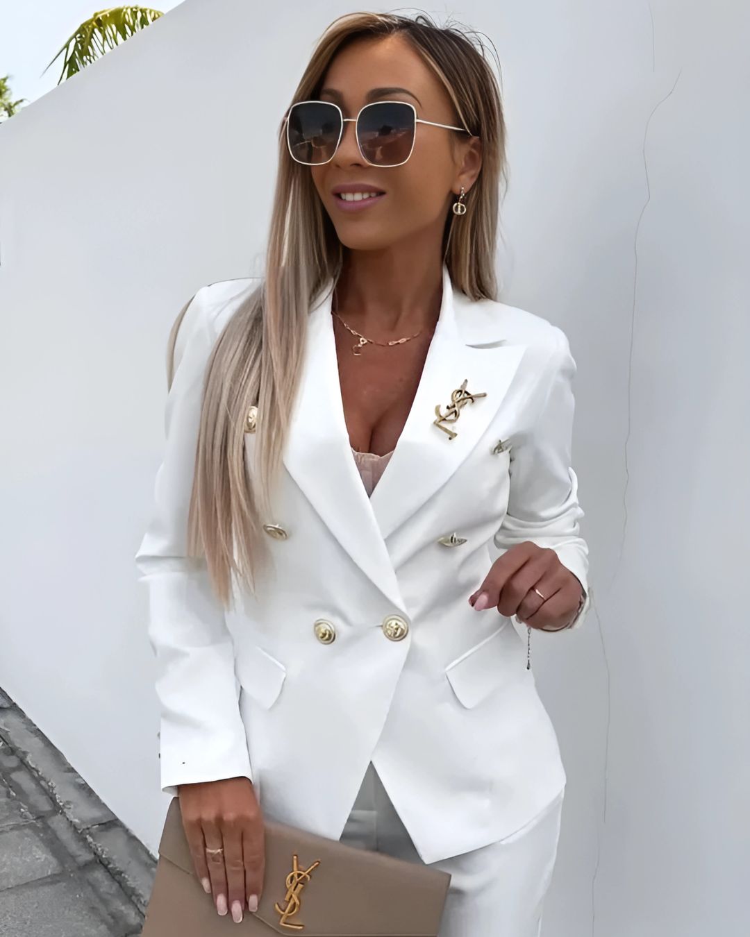 Women's Two-Piece Autumn Suit with Double-Breasted Blazer and Straight-Cut Trousers - White
