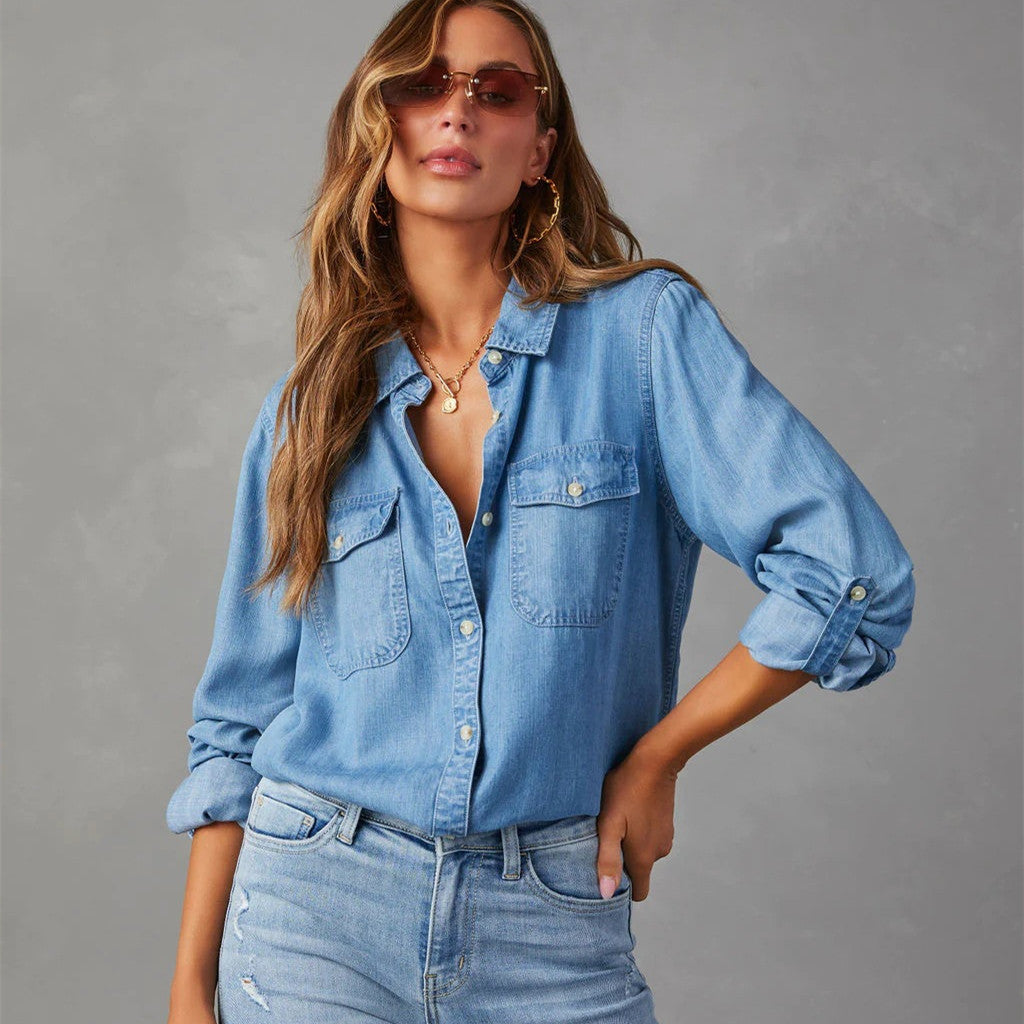 Women’s Long-Sleeve Denim Shirt with Button Front