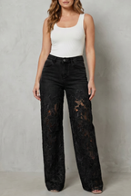 Women's Lace Panel Wide Leg Denim Jeans