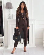 Women's Two-Piece Autumn Suit with Double-Breasted Blazer and Straight-Cut Trousers - Brown