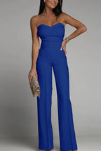 Women's Summer Jumpsuit, Off-Shoulder, Sleeveless, Figure-Hugging, Solid Color - Navy
