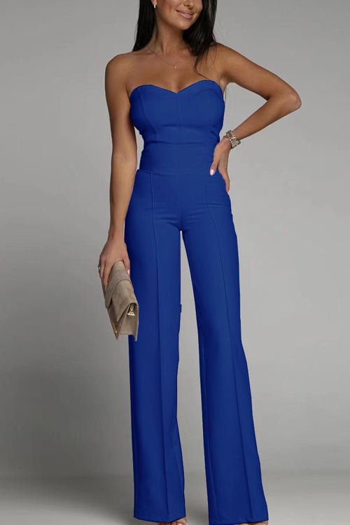 Women's Summer Jumpsuit, Off-Shoulder, Sleeveless, Figure-Hugging, Solid Color - Navy