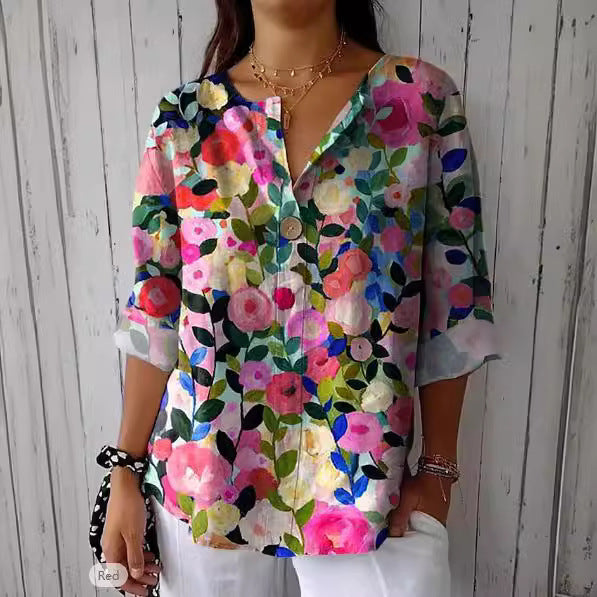 Women's V-Neck T-Shirt with Color-Block Print and 3/4 Sleeves – For Autumn - Yellow