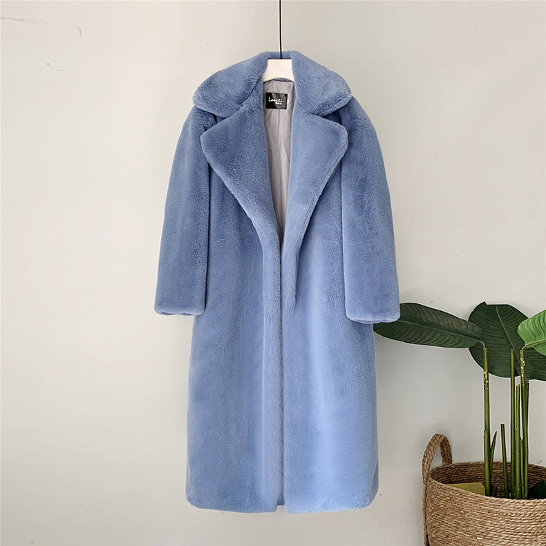 Long Faux Fur Coat in Premium Material – Knee-Length, Straight Silhouette, Ultra-Soft and Winter-Warm - Blue