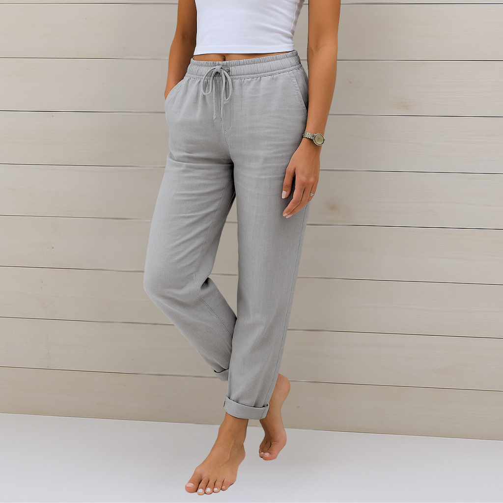 Women's Stretch Pants with Elastic Waistband and Relaxed Fit - Light Gray