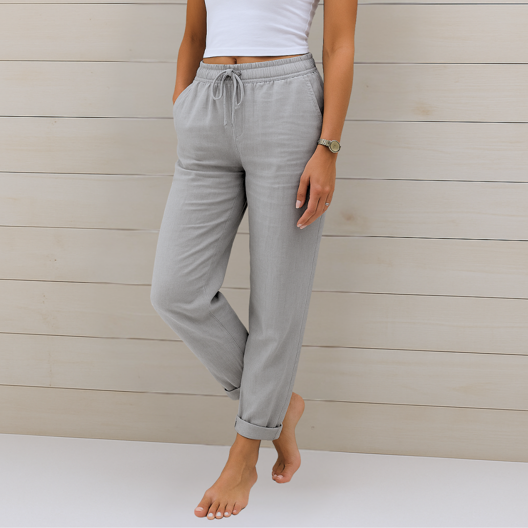 Women's Stretch Pants with Elastic Waistband and Relaxed Fit - Light Gray