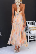 Women's Maxi Dress with Halter Neck Flowing with Open Back and Waist Belt