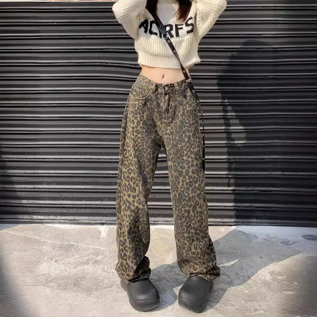 Jeans de tiro alto con estampado de leopardo y pernera ancha para mujer