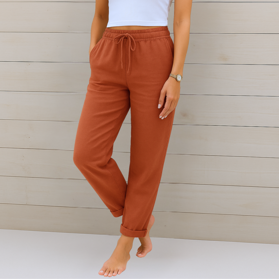 Women's Stretch Pants with Elastic Waistband and Relaxed Fit - Brown