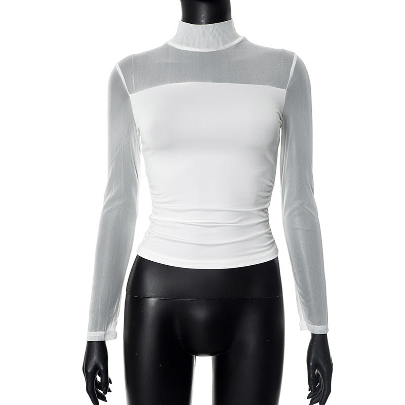 Women’s Fitted Mesh Long-Sleeve Top with High Neck