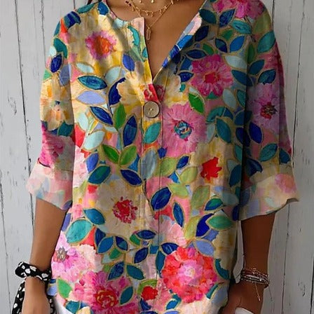 Women's V-Neck T-Shirt with Color-Block Print and 3/4 Sleeves – For Autumn - Pink