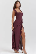 Women's Summer Ruffle Dress, Long with Front Slit, Floor-Length - Bordeaux
