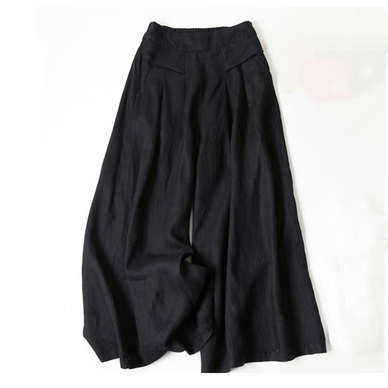 Women's Autumn Wide-Leg Pants with High Waist, Side Pockets and Elastic Waistband - Black