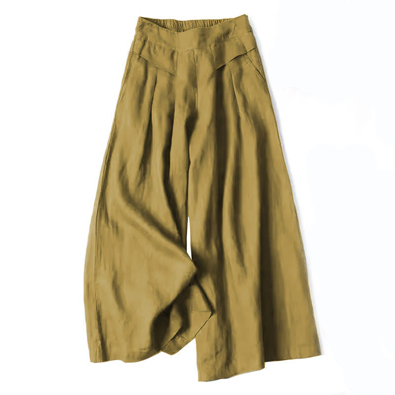 Women's Autumn Wide-Leg Pants with High Waist, Side Pockets and Elastic Waistband - Dark Khaki