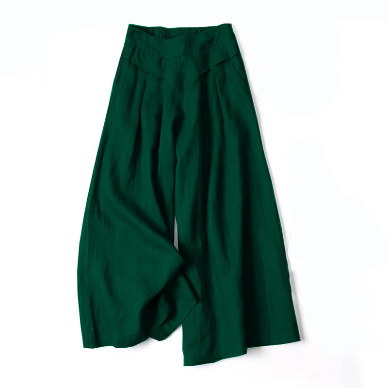 Women's Autumn Wide-Leg Pants with High Waist, Side Pockets and Elastic Waistband - Dark Green