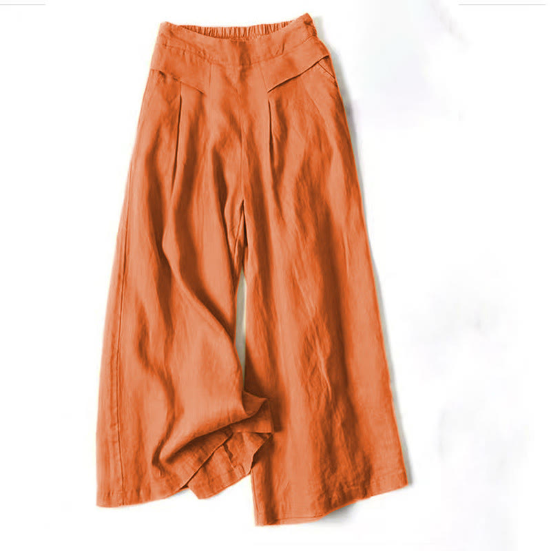 Women's Autumn Wide-Leg Pants with High Waist, Side Pockets and Elastic Waistband - Orange
