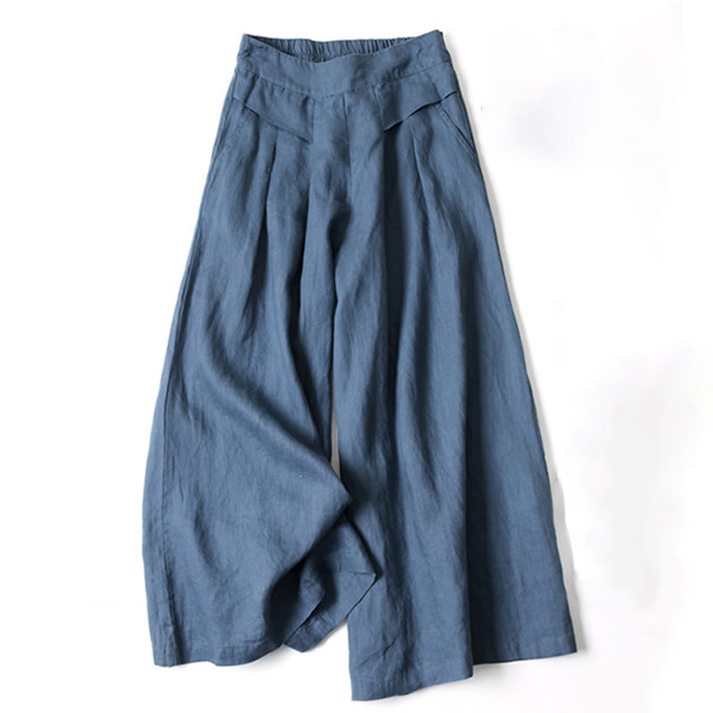 Women's Autumn Wide-Leg Pants with High Waist, Side Pockets and Elastic Waistband - Steel Blue