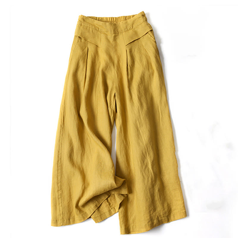 Women's Autumn Wide-Leg Pants with High Waist, Side Pockets and Elastic Waistband - Yellow