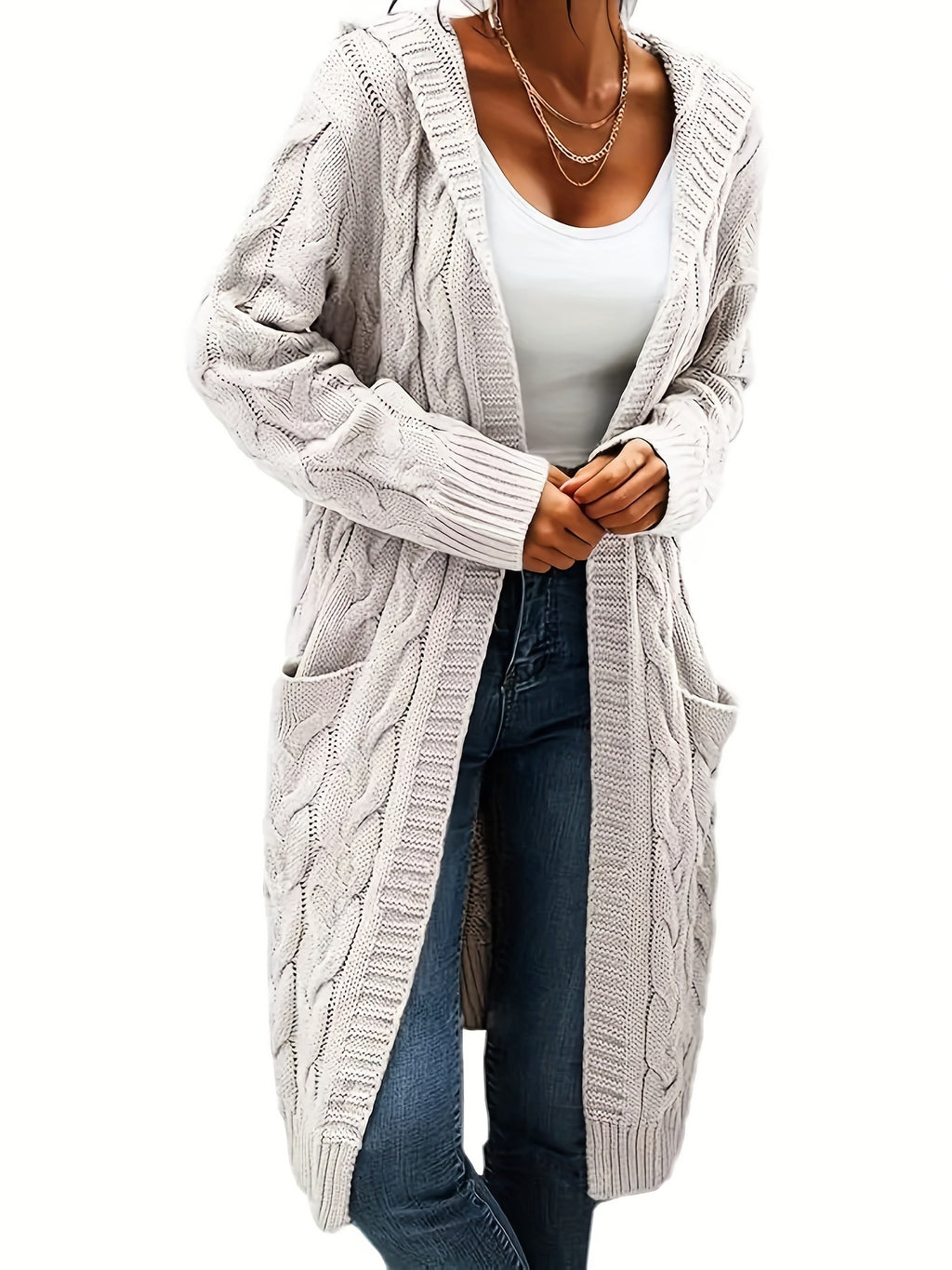 Plus Size, Women's Mid Length Hooded Cardigan with Button-Detail Pockets