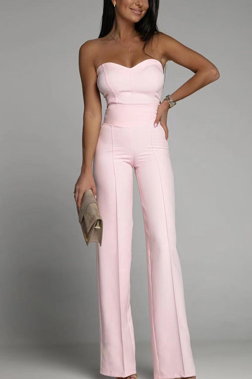 Women's Summer Jumpsuit, Off-Shoulder, Sleeveless, Figure-Hugging, Solid Color - Pink