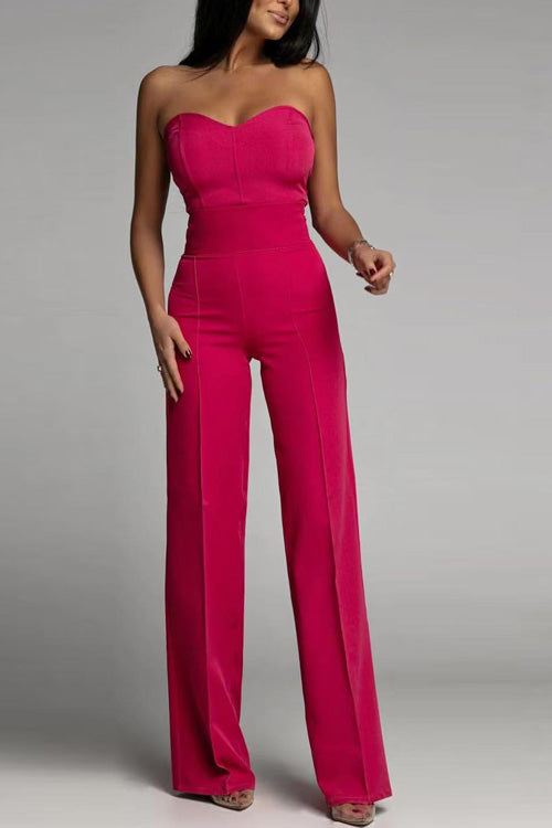 Women's Summer Jumpsuit, Off-Shoulder, Sleeveless, Figure-Hugging, Solid Color - Red