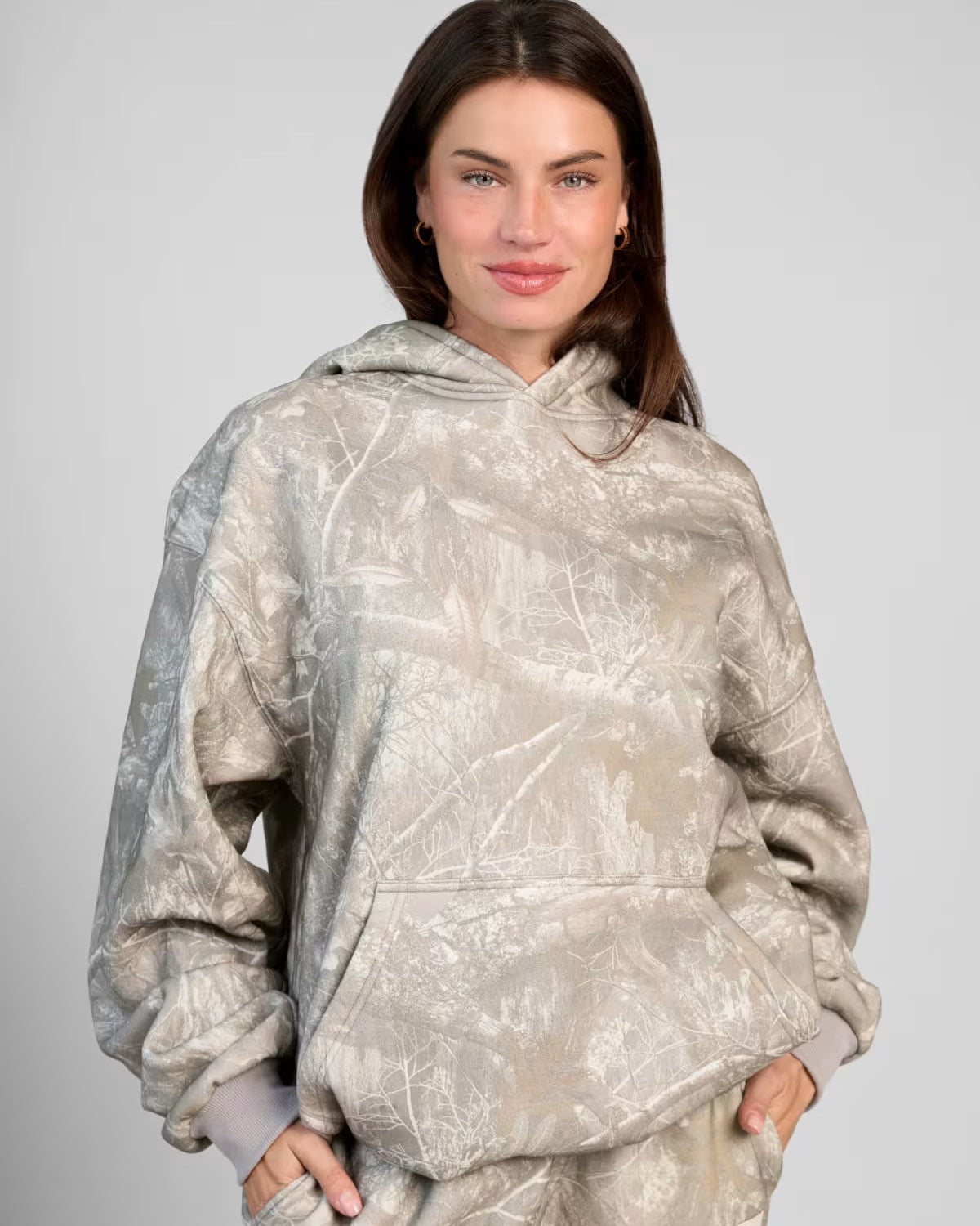 Women's Hoodie with Camouflage Print and Adjustable Hood - Beige