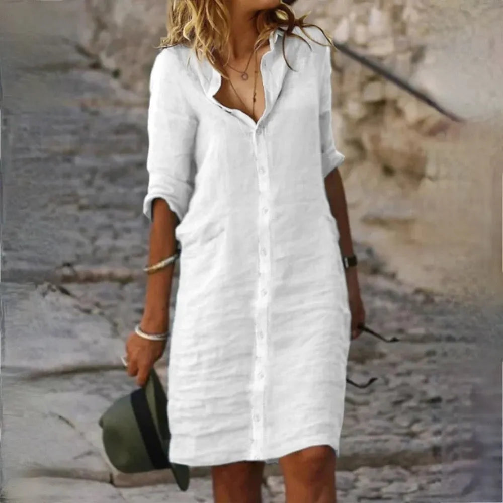 Women's Summer Dress, Sleeveless, with Flowing Silhouette and Feminine Fit - White