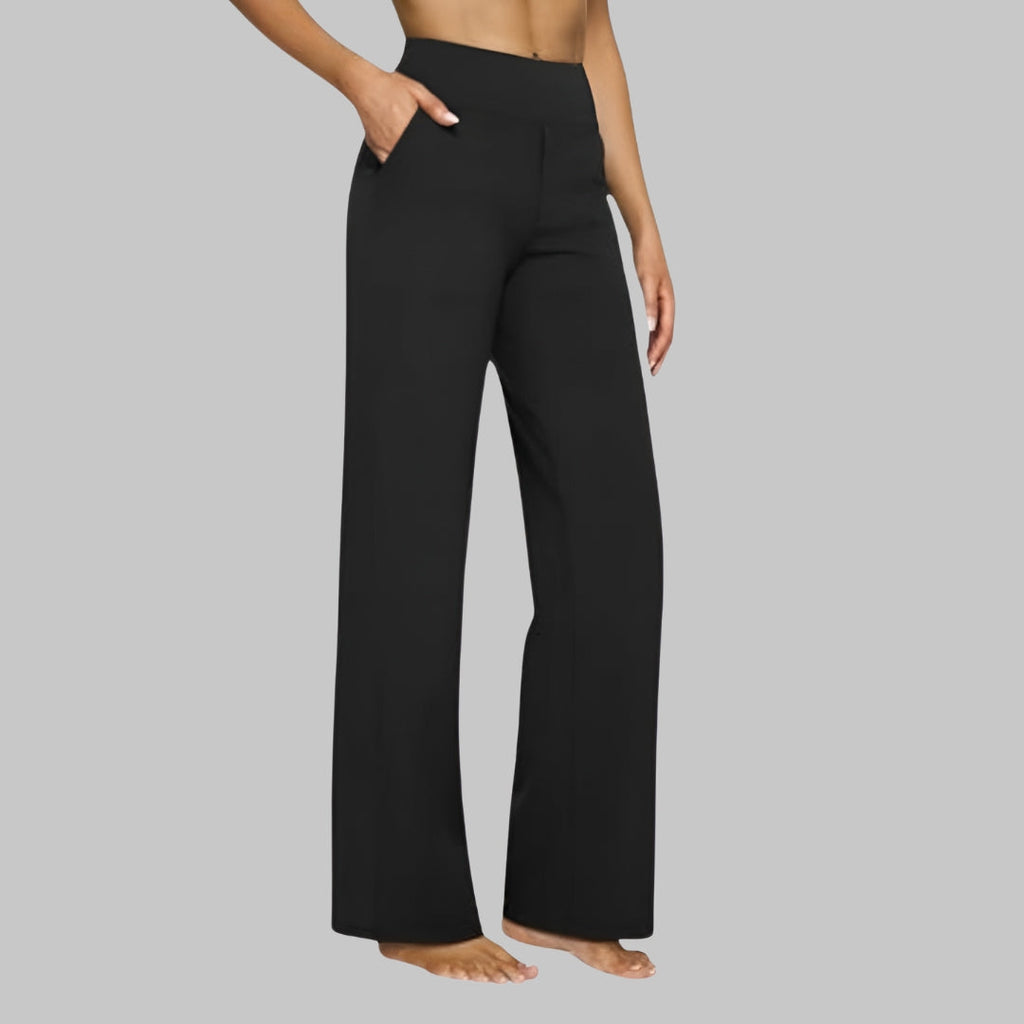 Women's Stretch Pants with High Waist and Side Pockets - Black