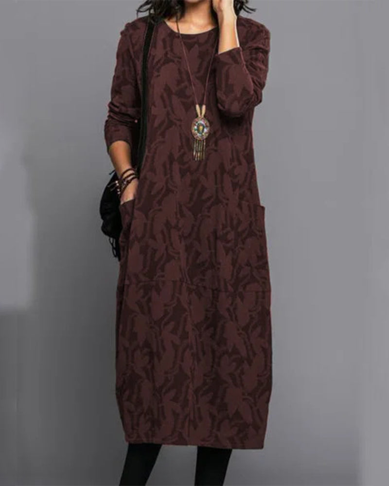 Long Sleeved Pocket Dress with Print | Floral Midi Dress