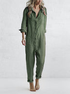 Women's Long-Sleeve Cotton Jumpsuit with Button Placket and Pockets - Perfect for Autumn - Green