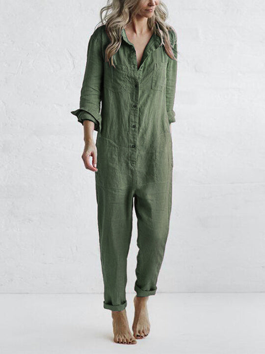 Women's Long-Sleeve Cotton Jumpsuit with Button Placket and Pockets - Perfect for Autumn - Green