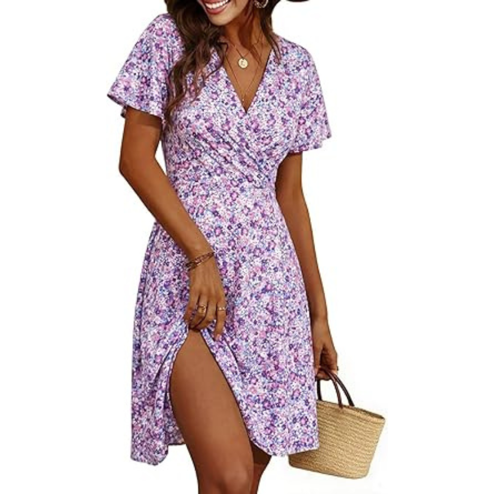 Knee-Length Floral Midi Summer Dress – Lightweight Wrap for Women